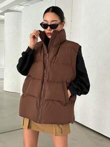 DAZY 拉链斜口袋背心加厚口袋外套，冬季女式加厚外套夹克 - 咖啡棕 - 查看 6