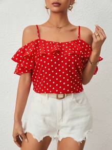 SHEIN Privé Polka Dot Cold Shoulder Ruffle Trim Blouse - Red and White - View 4