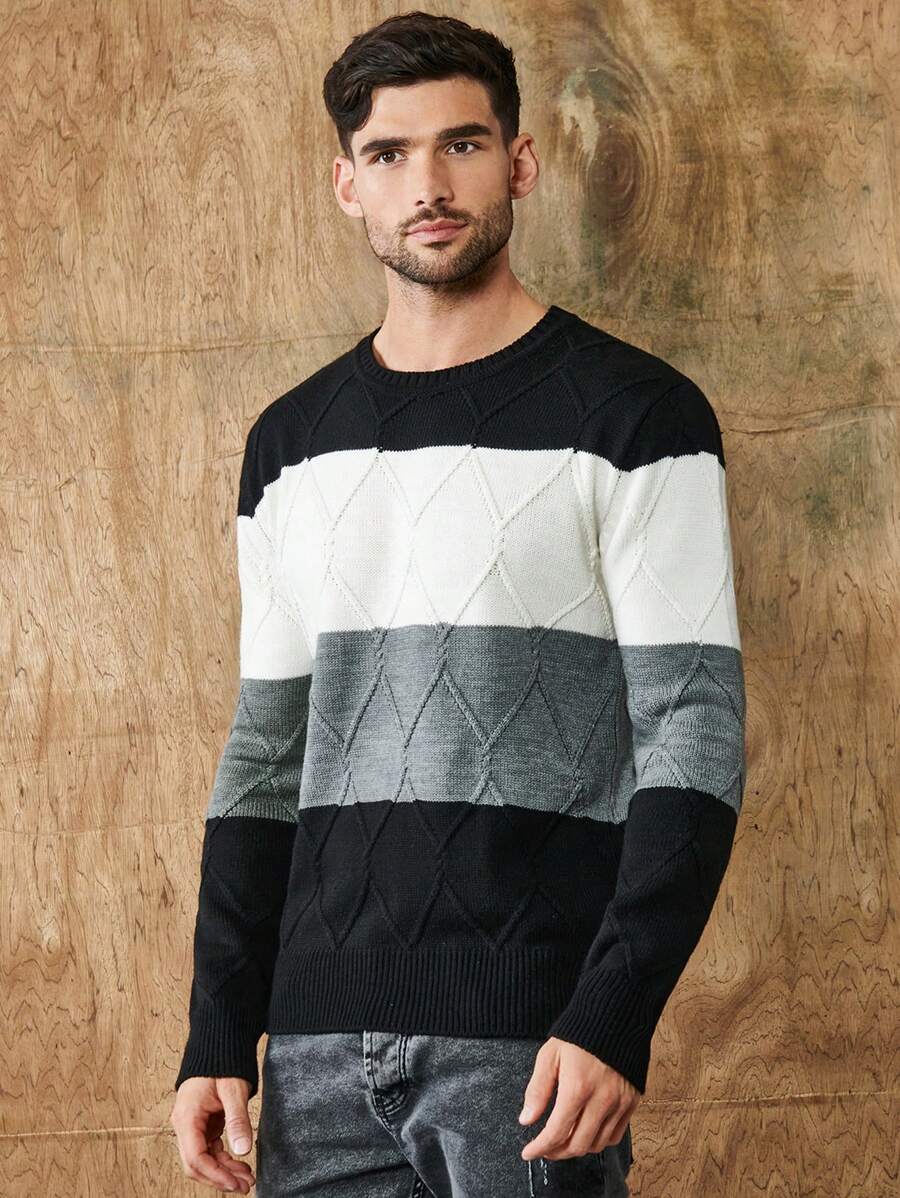 SHEIN Cottnline Men Color Block Argyle Knit Sweater - Black - View 1