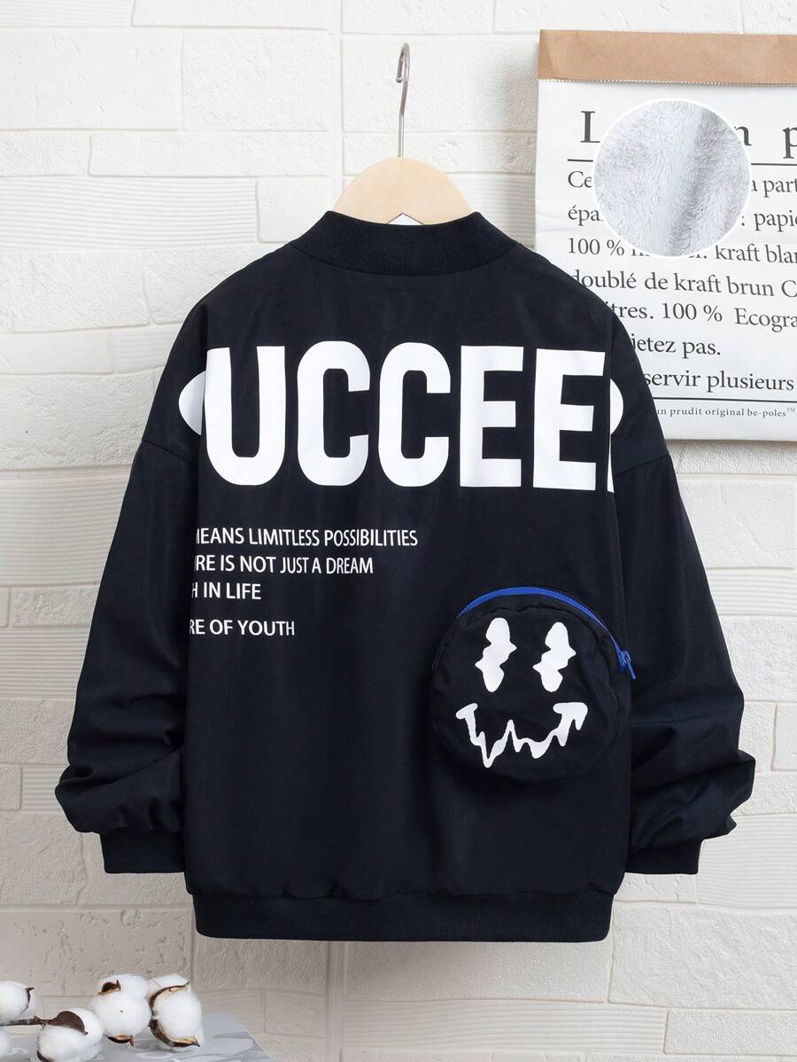 SHEIN Tween Boy Slogan Graphic Drop Shoulder Bomber Jacket Without Bag - Black - View 1