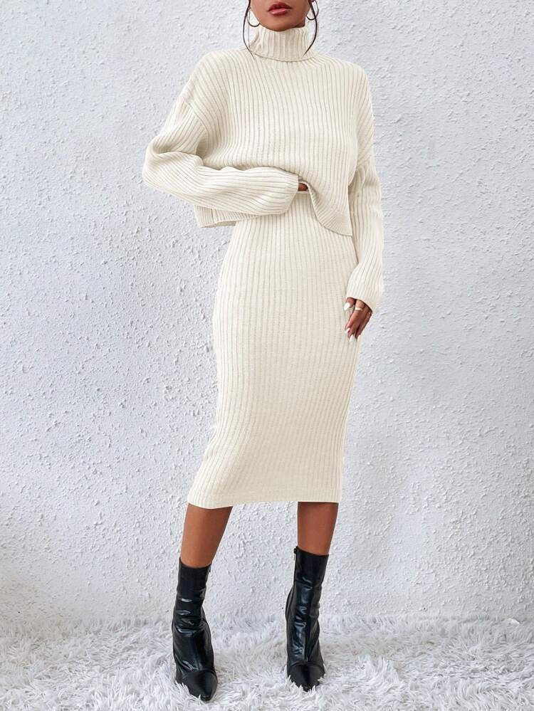 Turtleneck Drop Shoulder Sweater & Knit Skirt