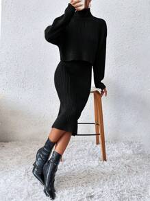 Chiquease Turtleneck Drop Shoulder Sweater & Knit Skirt Fall Winter Cloth For Women - Black - View 5