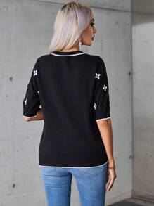 SHEIN Essnce Floral Pattern Knit Top - Black - View 2