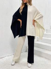 Two Tone Batwing Sleeve Sweater & Knit Pants - Black and White - View 4