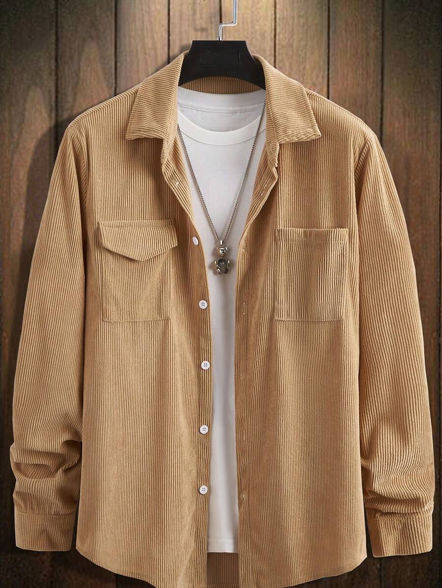 Manfinity Homme Nam Túi có nắp Vải to sợi Áo sơ mi Without Tee - Màu Khaki - Xem 1