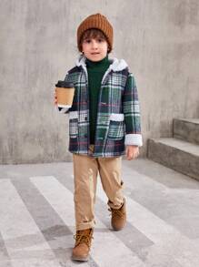 SHEIN 男小童1入組格紋印花毛絨內襯連帽花呢外套 - 彩色 - 查看 5