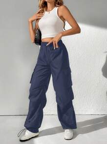 SHEIN Tall Chất rắn Eo đàn hồi Túi nắp bên cạnh Quần - Màu xanh hải quân - Xem 4