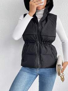 SHEIN Frenchy Drawstring Waist Zipper Hooded Vest Padded Coat - Black - View 3