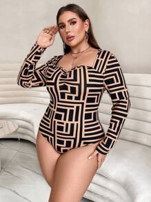 SHEIN Privé Plus Geo Print Sweetheart Neck Bodysuit - Multicolor - View 4