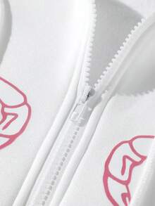 SHEIN Unity 骷髏手掌圖案拉鏈開襟抽繩加絨內裏連帽衫 - 白色 - 查看 5