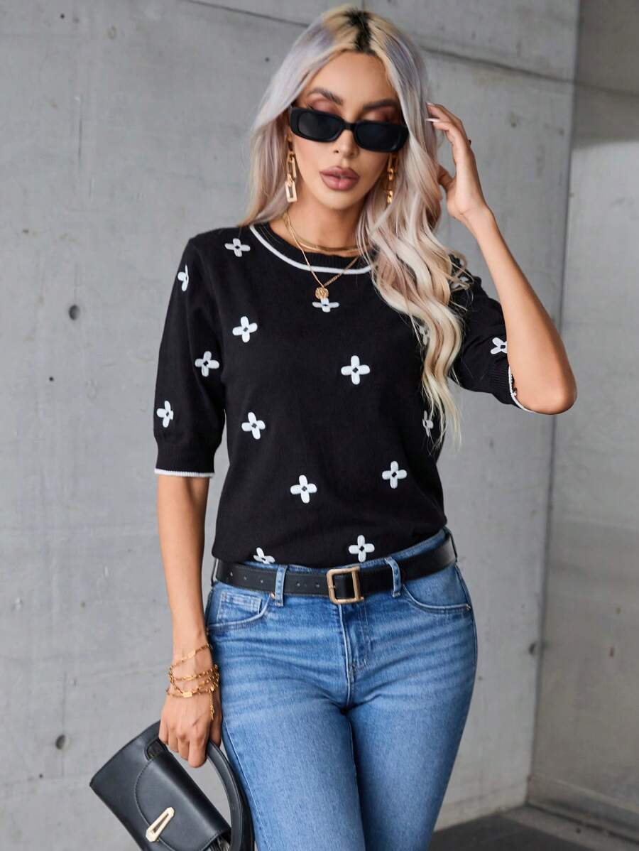 SHEIN Essnce Floral Pattern Knit Top - Black - View 1