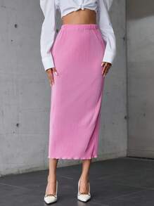 SHEIN Privé Solid Lettuce Trim Pencil Skirt - Pink - View 4