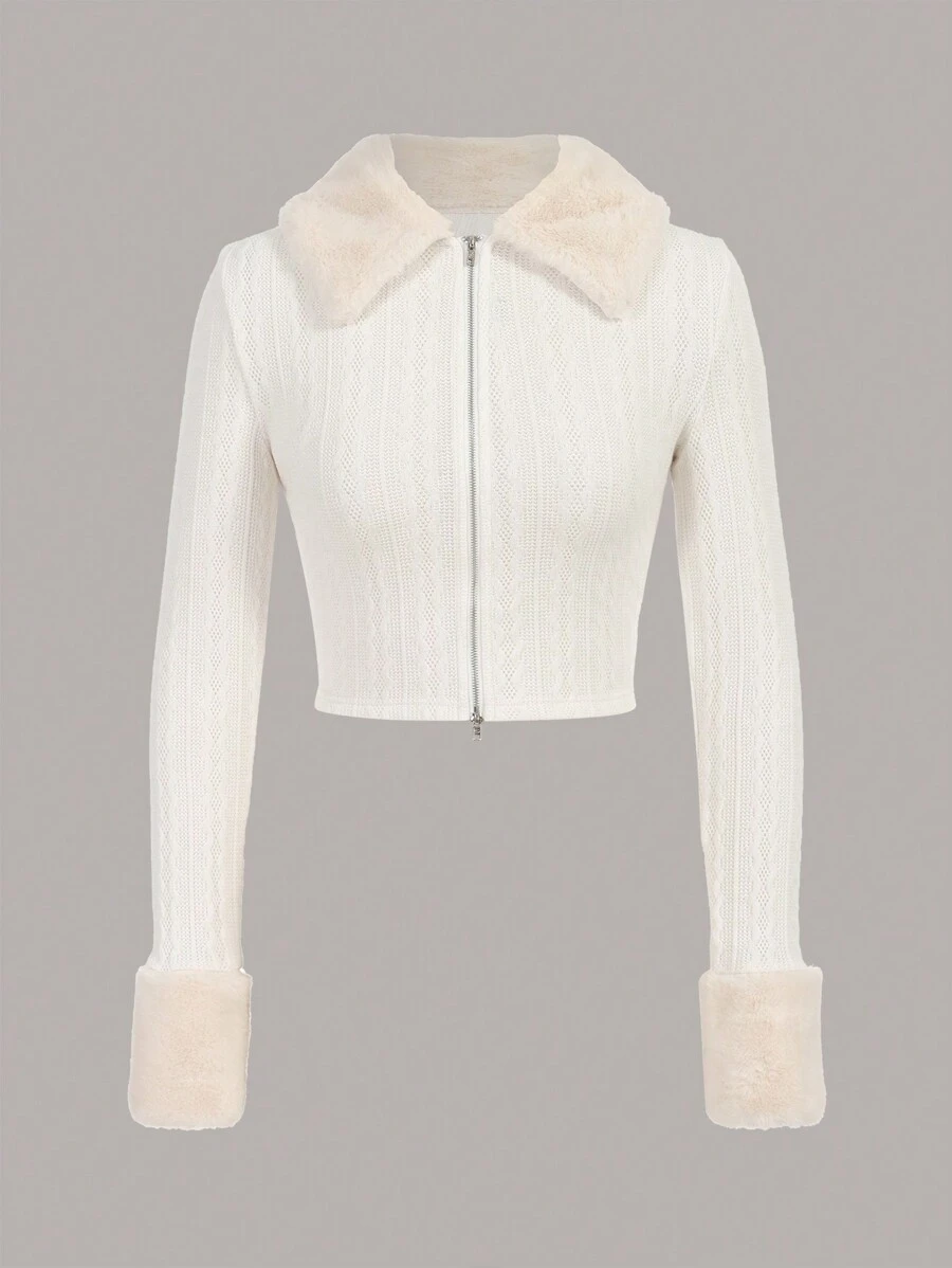 SHEIN EZwear Cổ áo Borg Dây kéo Mùa vụ Sang trọng Khâu Tay áo dài Áo khoác - trắng - Xem 1