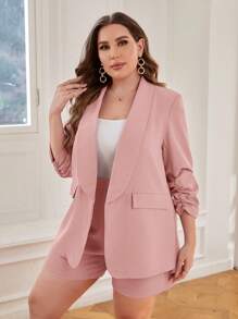 SHEIN Privé Talla grande de cuello esmoquin de manga fruncido Blazer & Shorts - Rosa - Ver 6