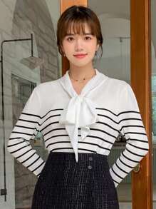 DAZY 条纹图案系带领喇叭袖毛衣秋季 - 白色 - 查看 5