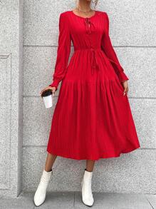 SHEIN VCAY 繫帶領燈籠袖荷葉邊洋裝 - 紅色 - 查看 1