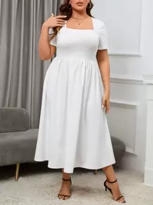 SHEIN Essnce Plus Square Neck A-line Dress - White - View 4