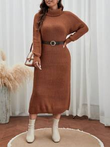 SHEIN Frenchy Plus Turtleneck Raglan Sleeve Sweater Dress Without Belt - Brown - View 4