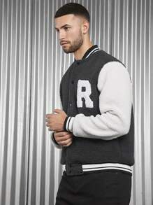 Manfinity VCAY 男士宽松字母拼接条纹装饰泰迪熊校队夹克 - 黑與白 - 查看 4