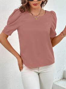 SHEIN Privé 素色泡泡袖襯衫 - 藕粉色 - 查看 7