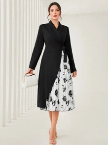 Modelyn Floral Print Shawl Collar Knot Side Wrap Dress - Black - View 1