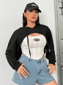 SHEIN EZwear 大码落肩抽绳超短款卫衣，无抹胸设计 - 黑色 - 查看 1