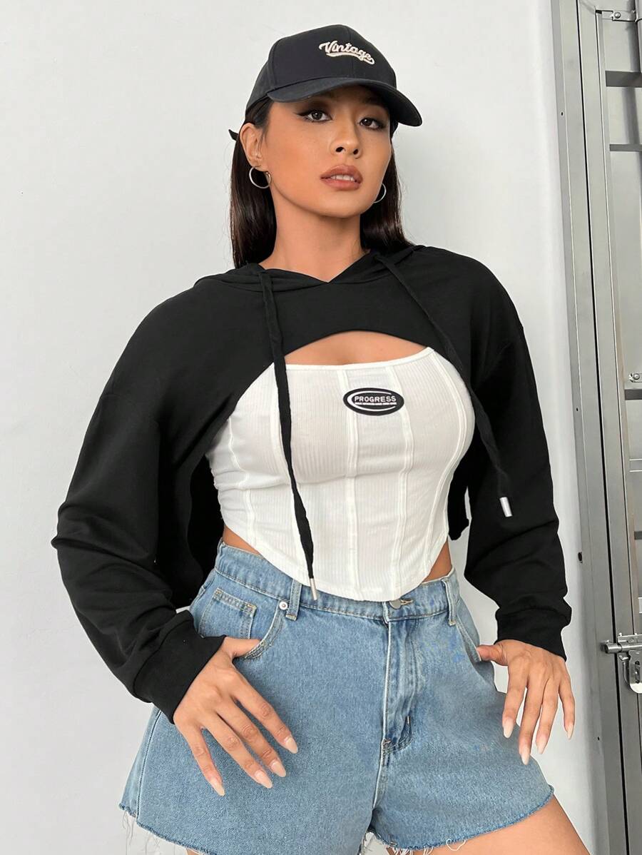 SHEIN EZwear 大码落肩抽绳超短款卫衣，无抹胸设计 - 黑色 - 查看 1