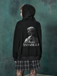 Annabelle | ROMWE Letter Figure Graphic Drop Shoulder Hoodie - Black - View 1