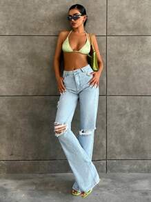 Casual Ripped Straight Leg Jeans - Light Wash - View 4