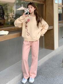 DAZY 花卉圖案補丁貼落肩袖套頭毛衣 - 杏色 - 查看 3