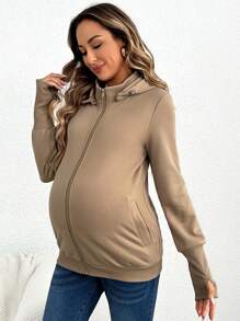 SHEIN Áo khoác nỉ 3 trong 1 có khóa kéo, xếp ly dành cho bà bầu, thích hợp để địu bé. - Màu Khaki - Xem 3