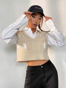 SHEIN Unity Cắt ra Áo len vest Không có áo lót - Màu be - Xem 6