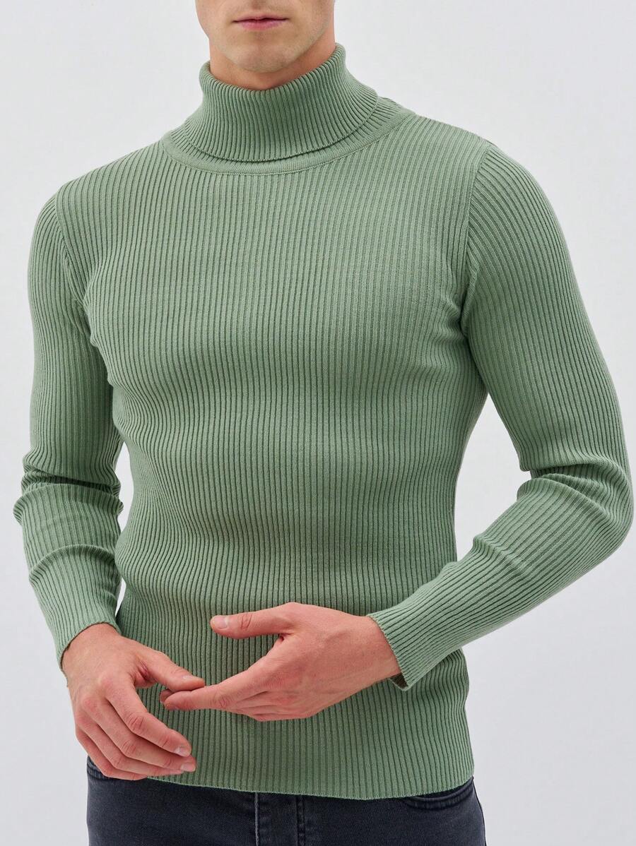 EURMUSE Men Turtle Neck Ribbed Knit Sweater - Mint Green - View 1