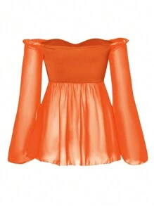 Calvaya 大碼一字肩胸部褶皺褶邊喇叭袖網紗上衣 - 橘色 - 查看 2