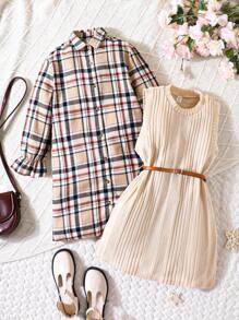 SHEIN Cô gái Tween In kẻ sọc Tay áo loe Váy sơ mi & Thắt lưng Áo len dài Áo vest - Nhiều màu - Xem 1