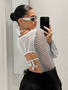 SHEIN ICON 鏤空短款毛衣不附胸罩 - 灰色 - 查看 2