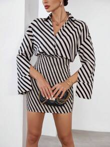 SHEIN Privé Vestido ajustado con estampado de rayas de manga con abertura