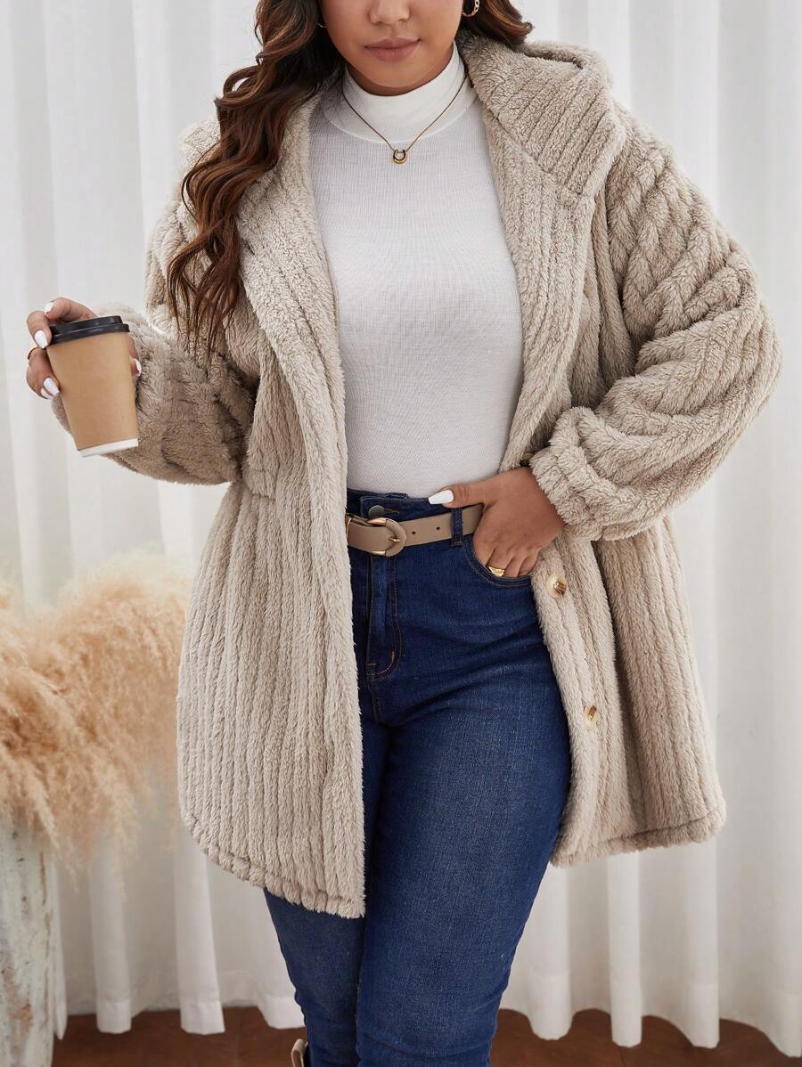 SHEIN Frenchy Plus Drop Shoulder Hooded Flannelette Coat Winter Fall Autumn - Apricot - View 1