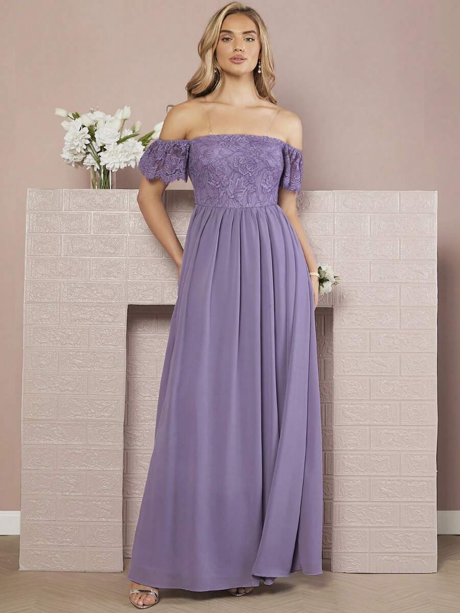 SHEIN Belle Off Shoulder Lace Bodice Chiffon Bridesmaid Dress - Lilac Purple - View 1