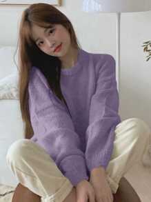 DAZY Solid Drop Shoulder Oversized Sweater,Long Sleeve Tops,Fall Clothes - Mauve Purple - View 4
