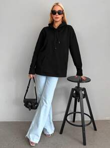 Cottnline Slogan Graphic Kangaroo Pocket Drawstring Hoodie - Black - View 3