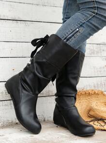 WRCVS 2025 年秋冬女式圆头褶皱套穿 PU 皮革装饰系带时尚及膝高筒靴，圆头内增高，轻便便捷的马靴，配有腰带扣装饰 - 黑色 - 查看 4