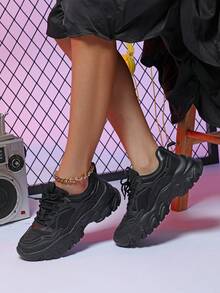 Black Chunky Shoes, Unisex Casual Sports Shoes - Black - View 2