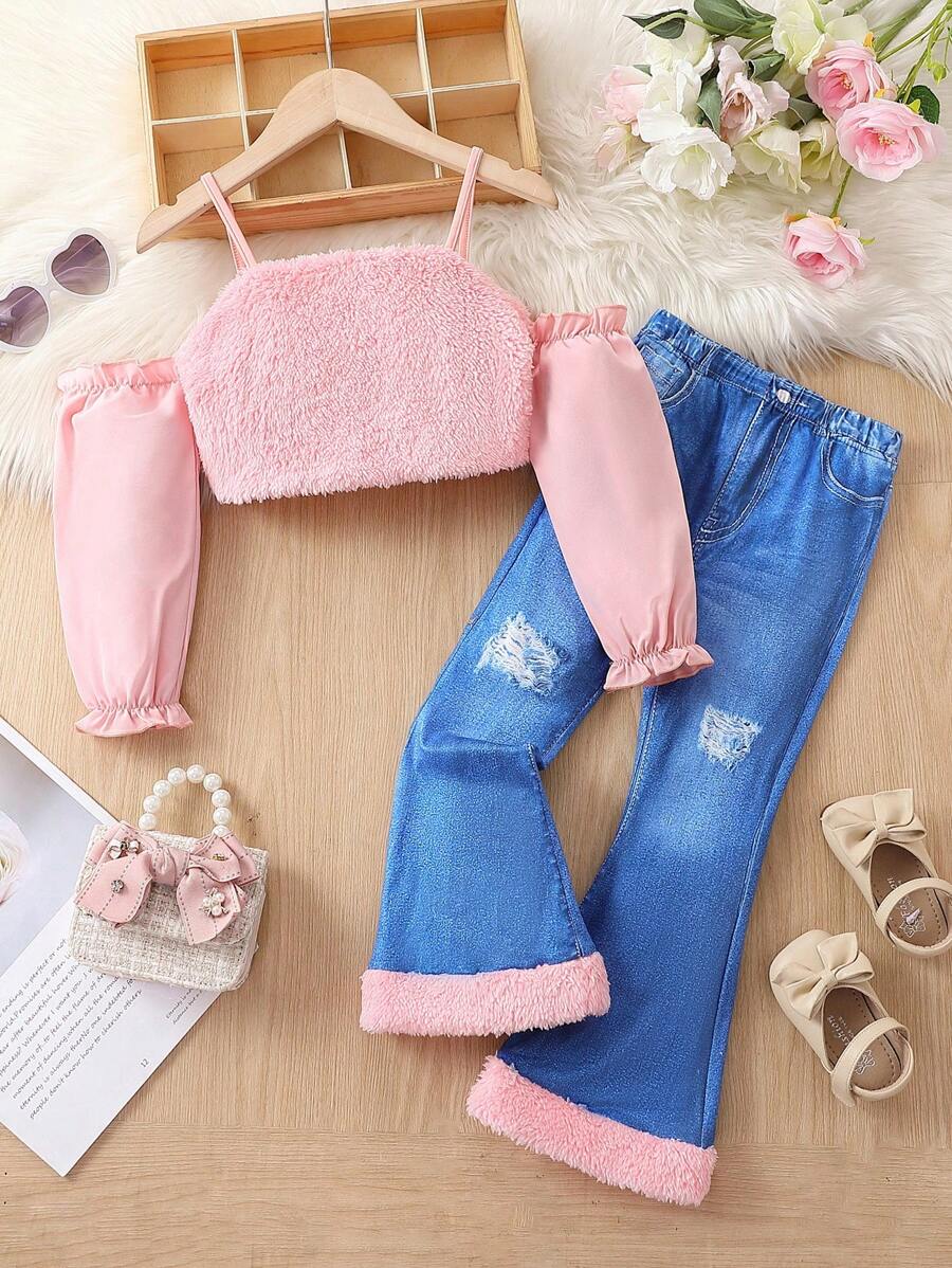 SHEIN Young Girl Cold Shoulder Flounce Sleeve Top & Ripped Flare Leg Pants - Multicolor - View 1