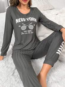 Letter Graphic Tee & Pants Lounge Set - Grey - View 3