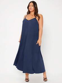SHEIN BASICS Talla grande Vestido de tirantes unicolor - Azul Marino - Ver 3