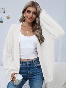 SHEIN Clasi 落肩休闲设计开衫，长袖上衣 - 米色 - 查看 5