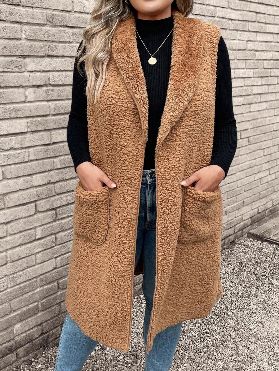 SHEIN CURVE+ Plus Áo khoác Teddy có mũ trùm đầu túi đôi, đi chơi, cho mùa đông - màu nâu - Xem 1