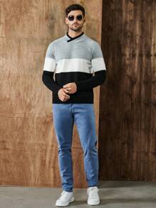 RueChic 男士撞色插肩袖套頭毛衣 - 灰色 - 查看 7