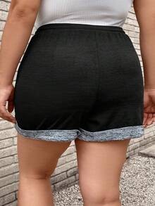 SHEIN LUNE 大碼拼接邊腰部抽繩雜色針織短褲 - 黑色 - 查看 4